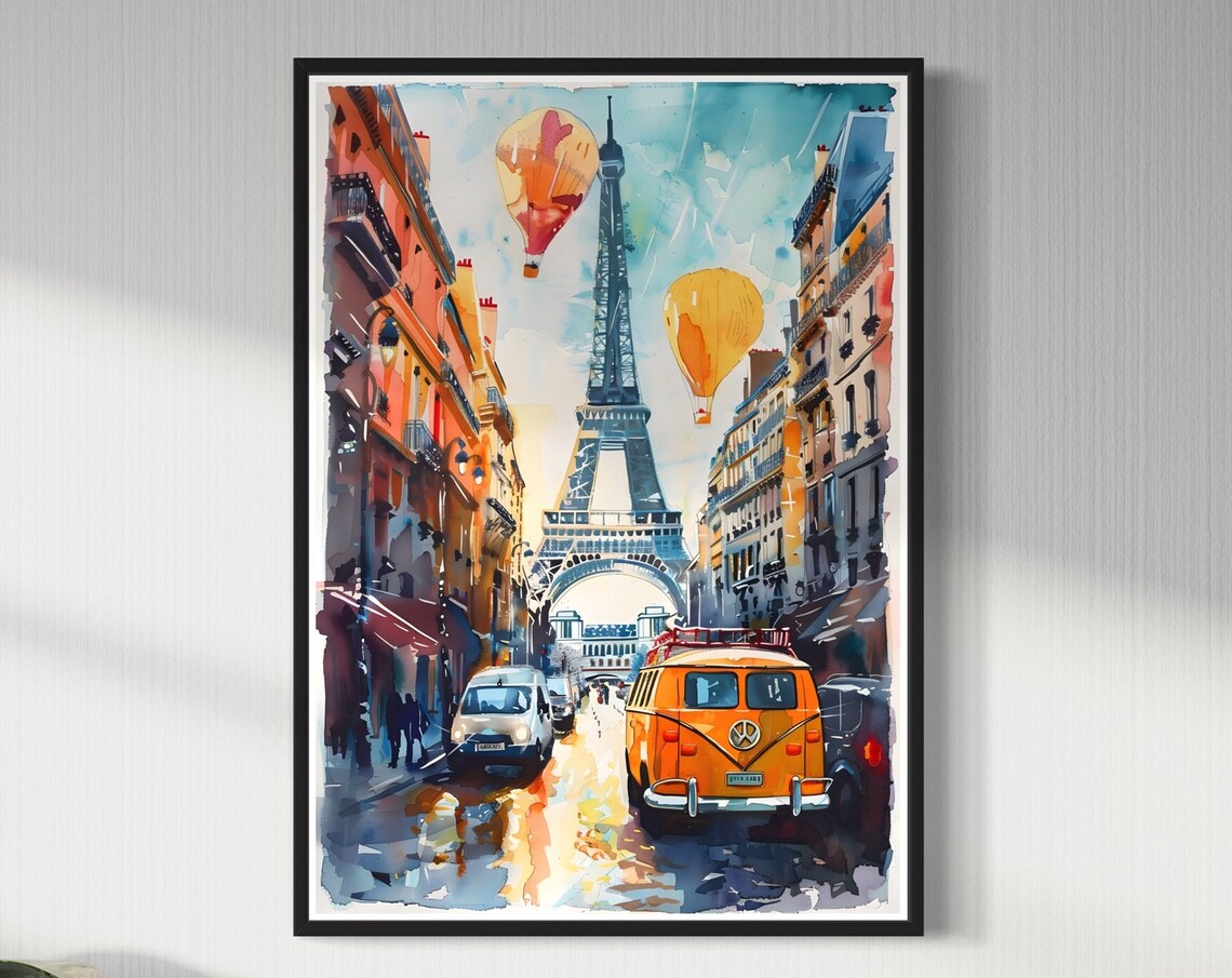 Paris Eiffel Tower Street Vintage VW Van Hot Air Balloons Poster