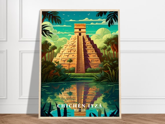 Chichen Itza Pyramid Mexico Mayan Ruins Reflection Travel Poster