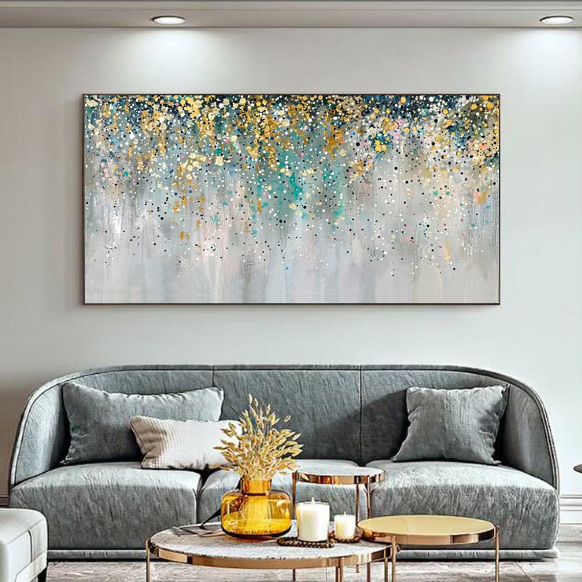 Abstract Colorful Confetti Dots Over Teal Gray Canvas Poster - Image 3
