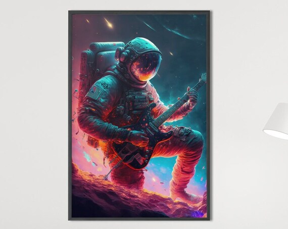 Astronaut Playing Electric Guitar Poster Neon Rock Star Space Artwork
