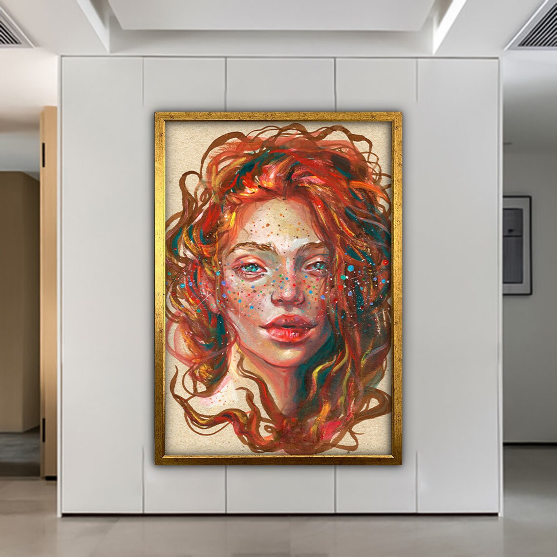 Redhead Woman Freckles Vibrant Curly Hair Artistic Portrait Wall Art Print