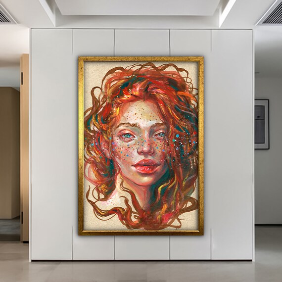 Redhead Woman Freckles Vibrant Curly Hair Artistic Portrait Wall Art Print
