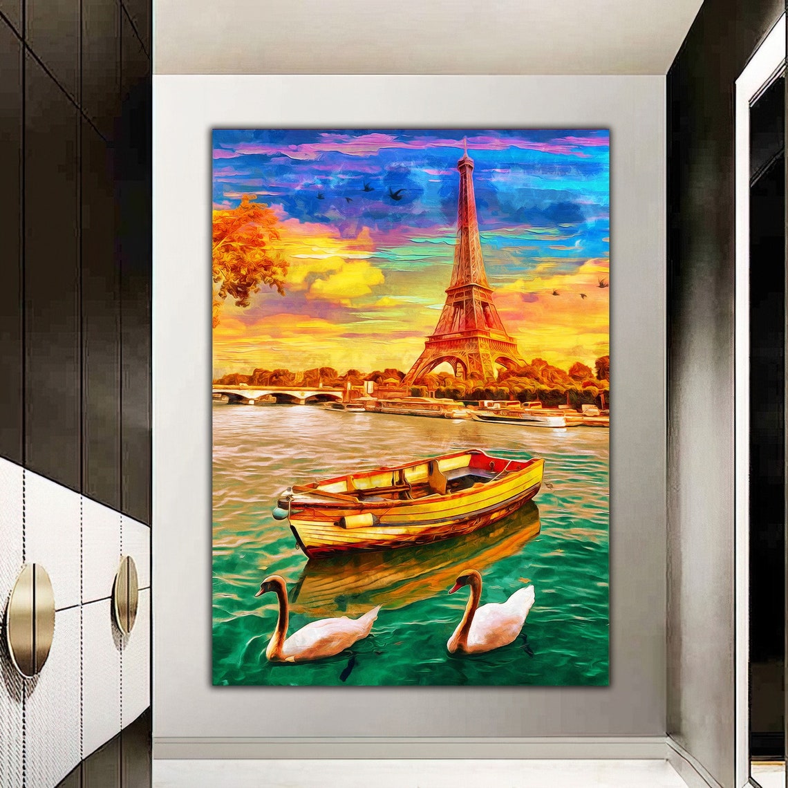 Paris Eiffel Tower Sunset Seine Rowboat Swans Colorful Travel Poster