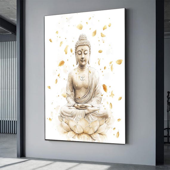 Serene Buddha Wall Art White Gold Buddha Painting Zen Meditation Art Peaceful Buddha Decor Spiritual Mindfulness Wall Art