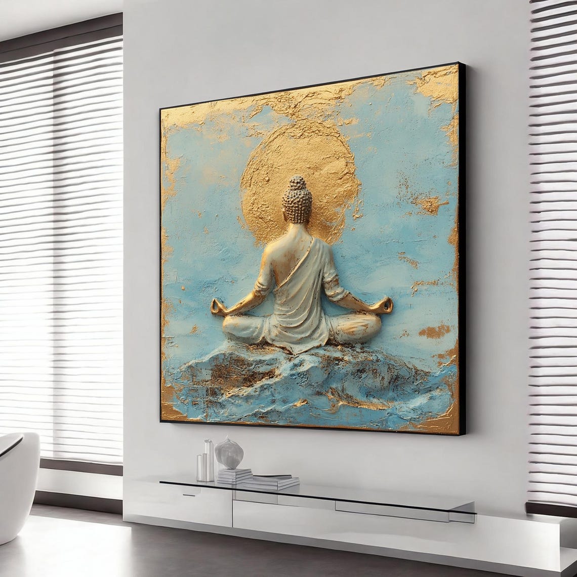 Buddha Meditating Golden Sun Turquoise Gold Leaf Zen Art Print