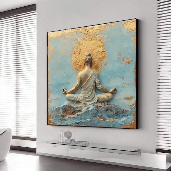 Buddha Meditating Golden Sun Turquoise Gold Leaf Zen Art Print