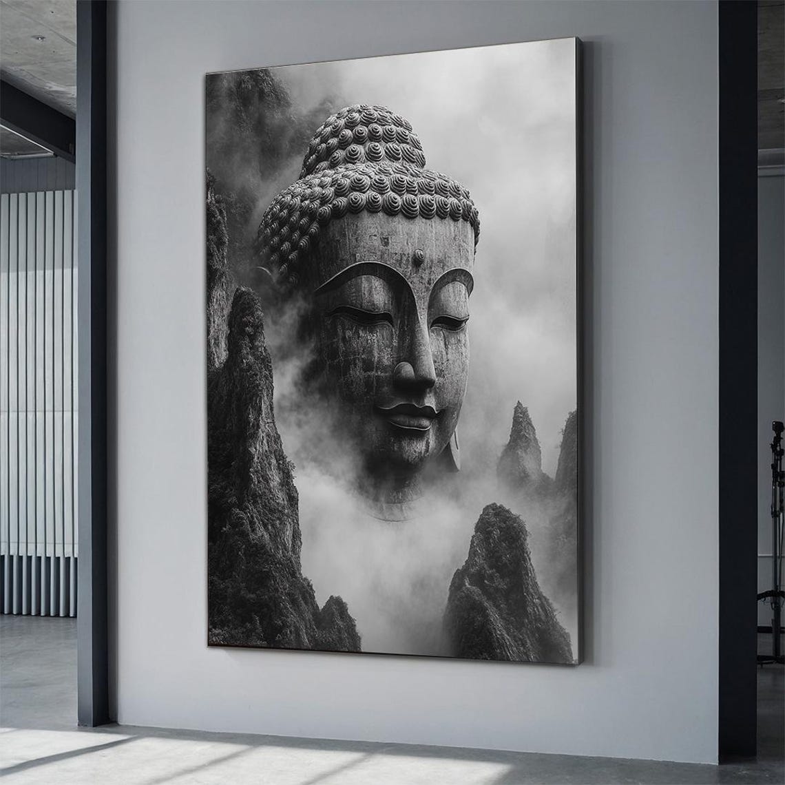 Giant Stone Buddha Head Misty Mountains Black White Spiritual Poster