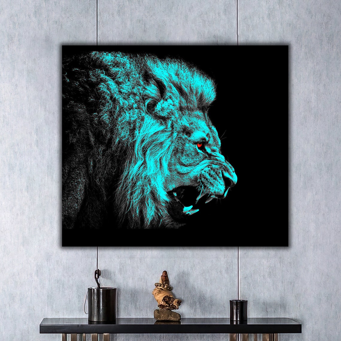 Roaring Lion Turquoise Neon Pop Art Fierce Black Background Wall Art