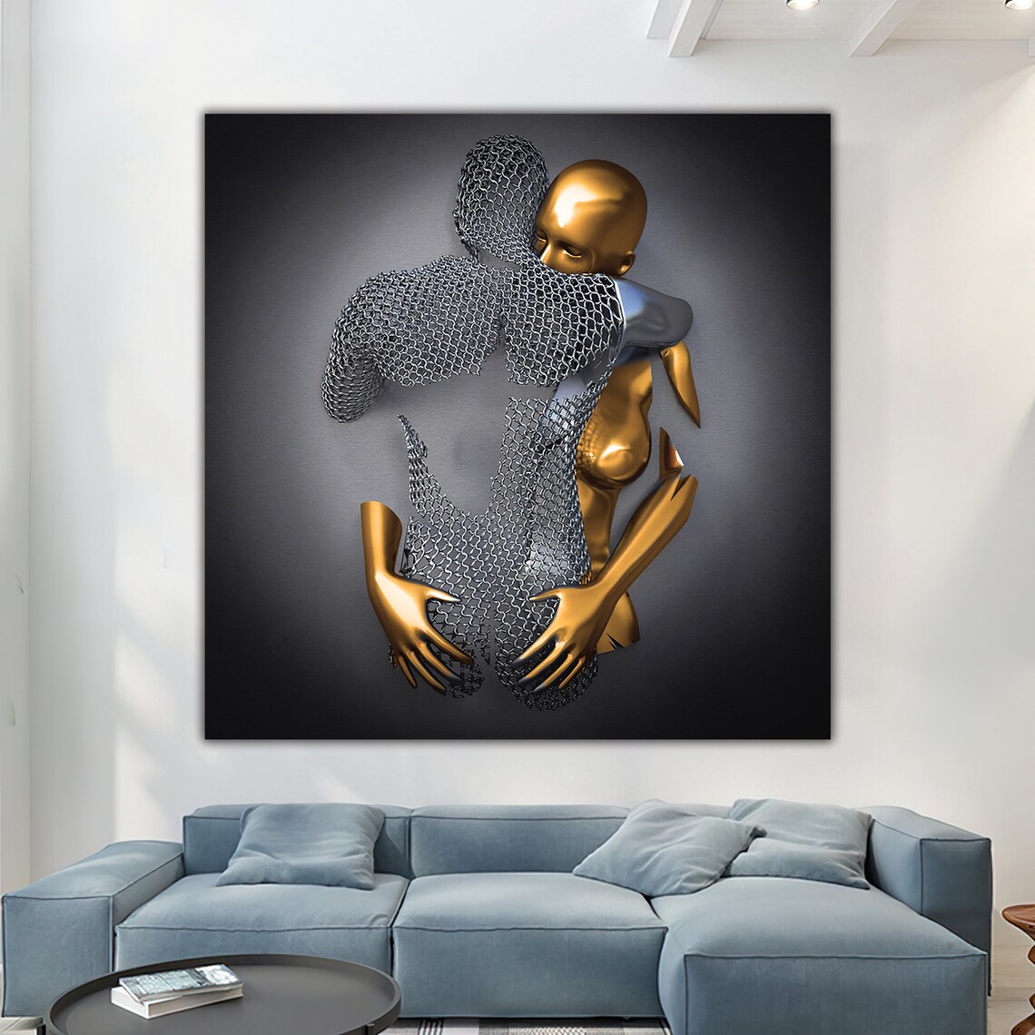 Hug Painting Love Couples Art Print, Silver Glitter