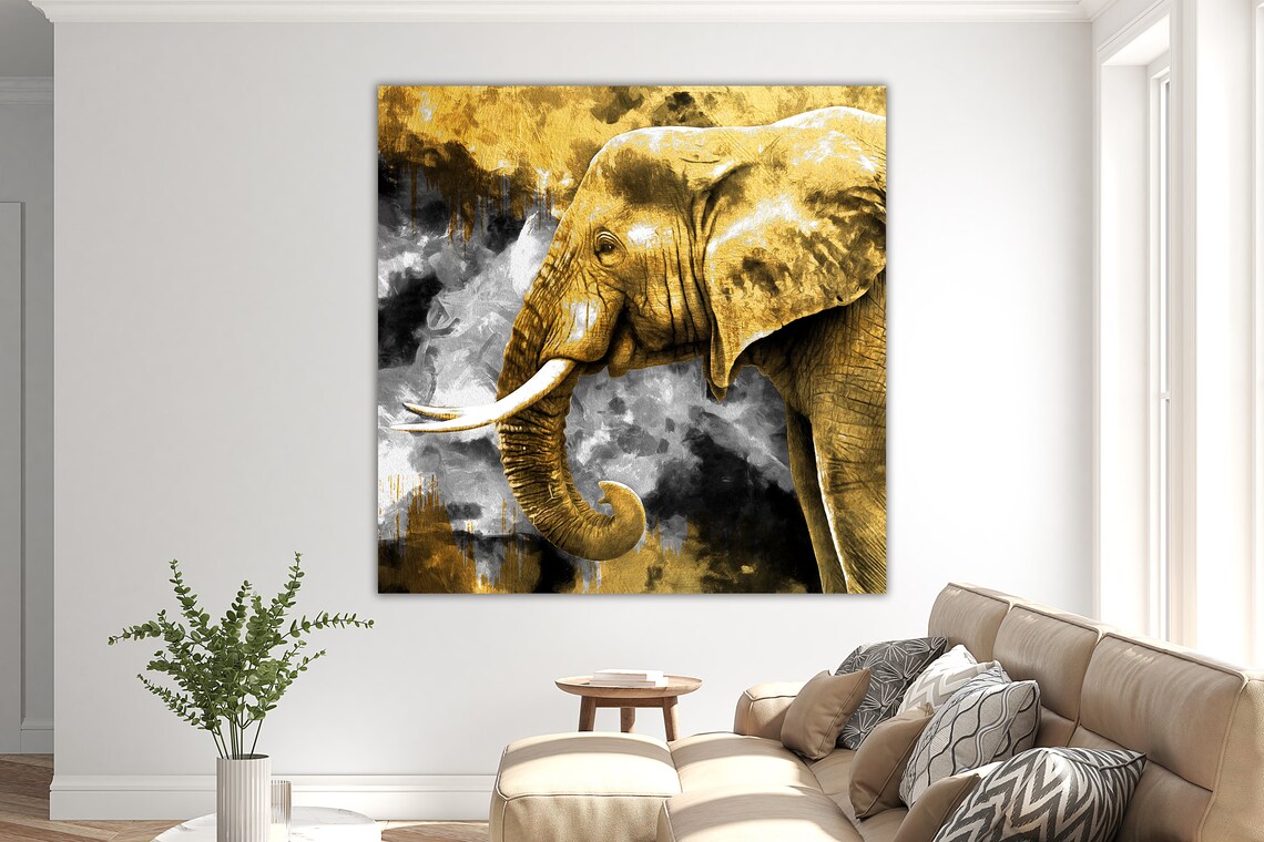 Golden Elephant Portrait Smoky Black Gray Abstract Wildlife Wall Art