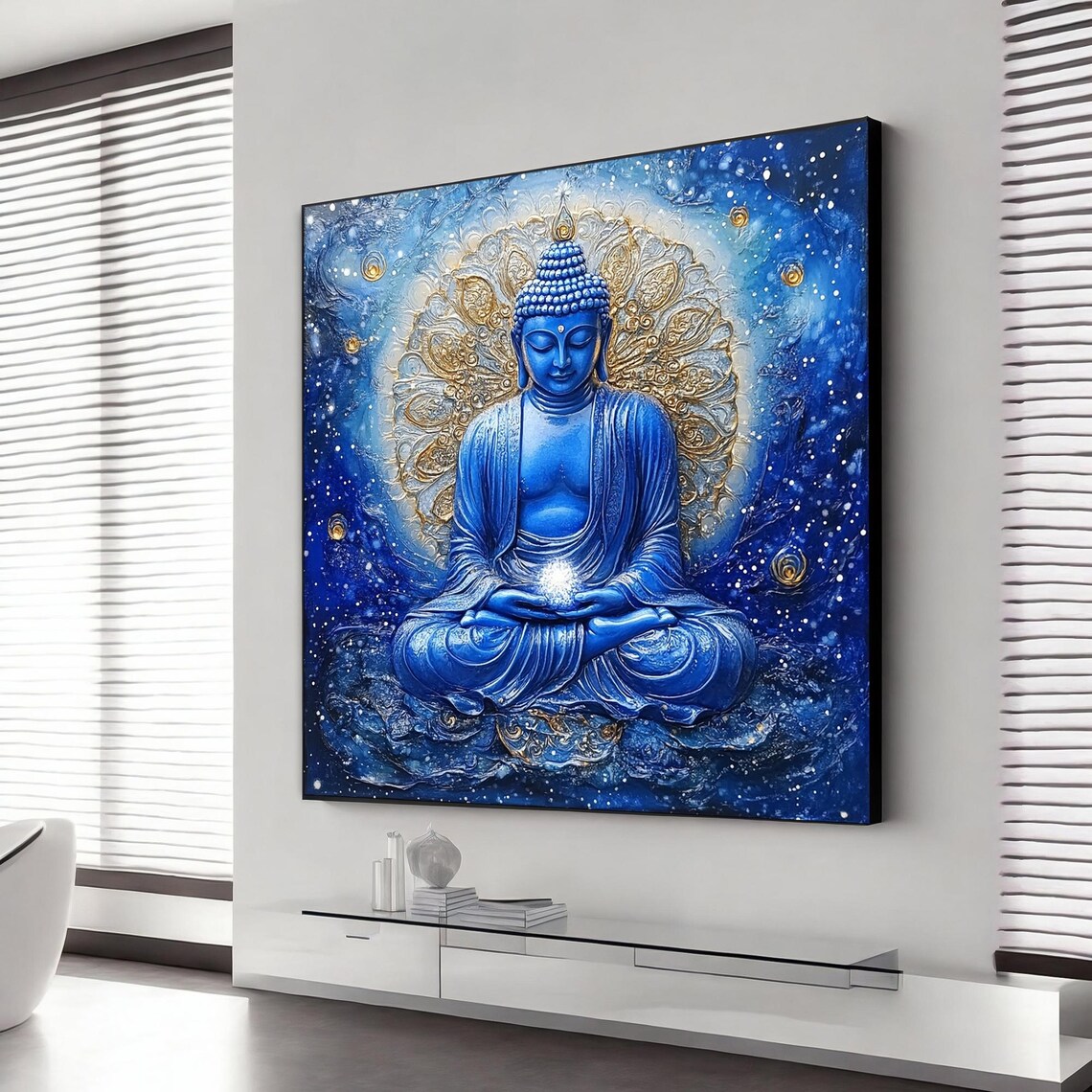 Blue Buddha Meditating Cosmic Stars Golden Mandala Spiritual Art Print