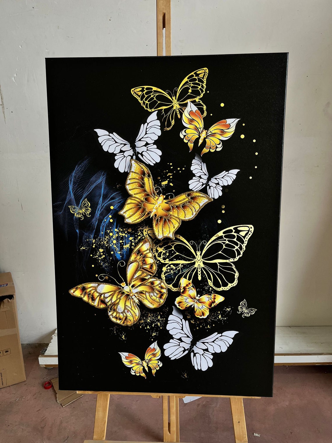 Gold White Butterflies Black Background Elegant Flight Wall Art Poster
