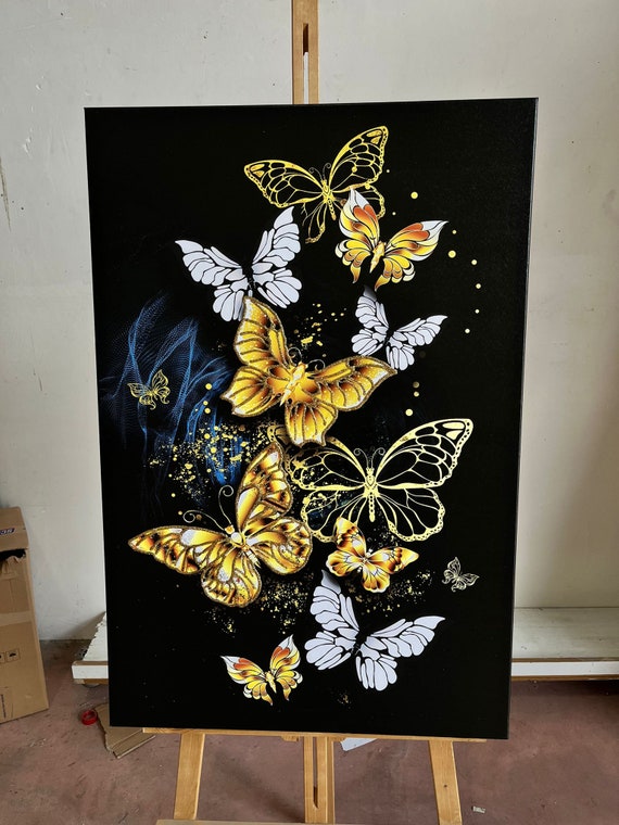 Flying Butterflies Painting Glitter Textured Butterfly Home Decor Golden Butterfly Print Butterfly Painting