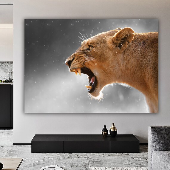 Snarling Lioness Bared Fangs Black White Wildlife Photo Art Poster