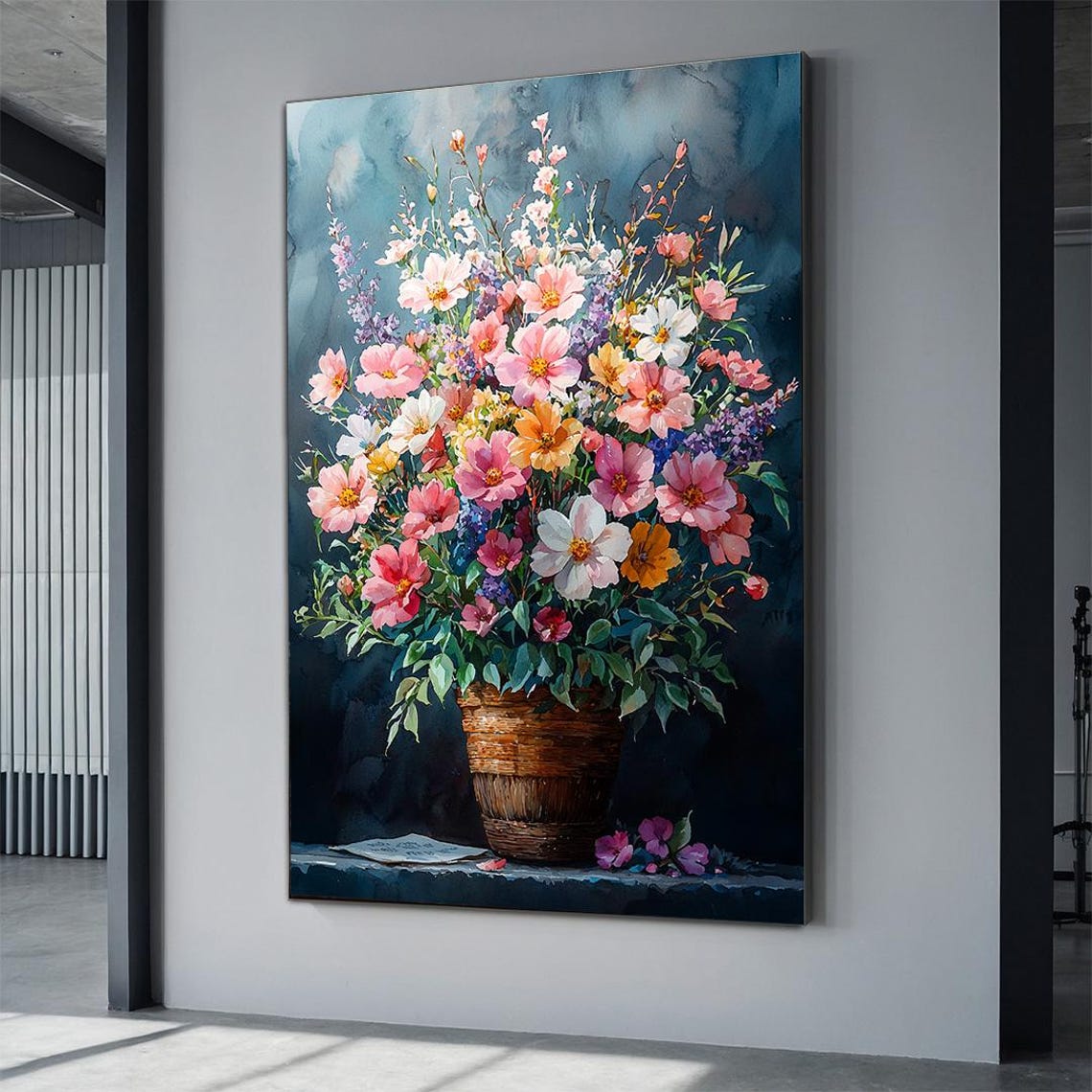 Colorful Cosmos Bouquet Wicker Vase Rustic Floral Still Life Poster