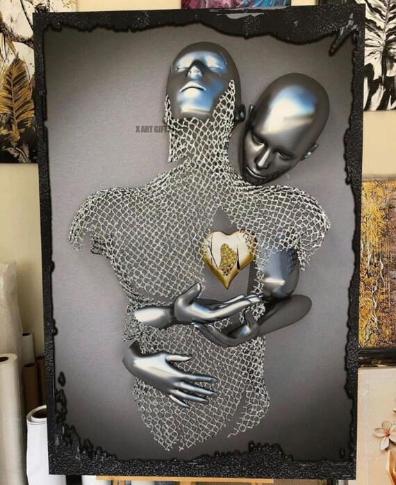 Silver Metal Couple Embracing Gold Heart Wire Mesh 3D Effect Poster
