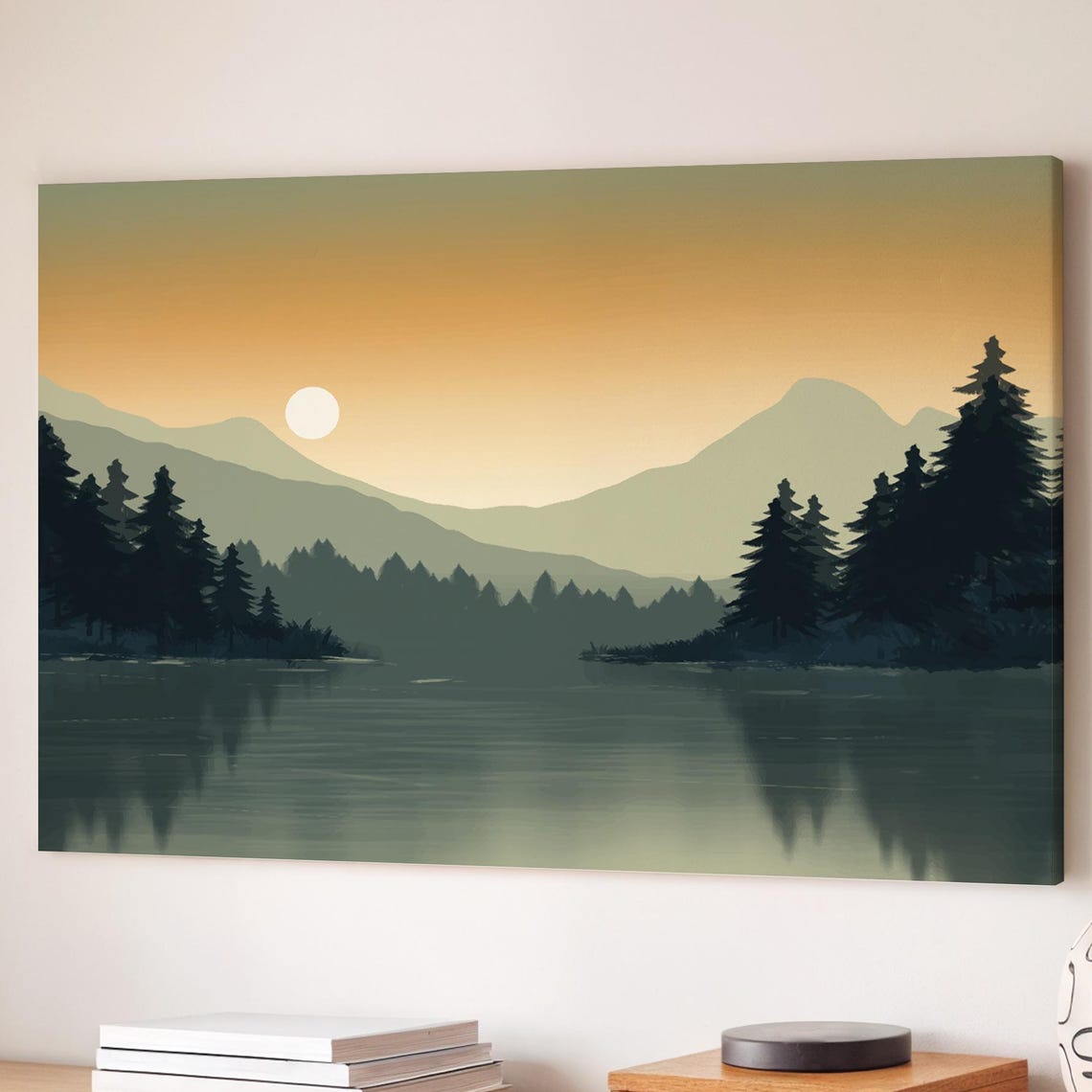 Mist Over Mountain Lake With Pines At Sunset Landscape Canvas Print