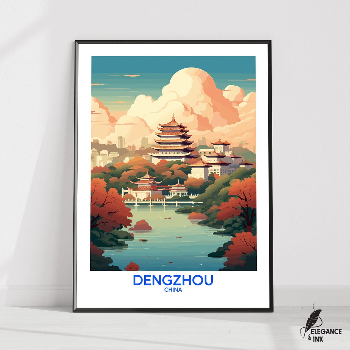 Dengzhou China Pagoda Lakeside Autumn Vintage Retro Travel Poster