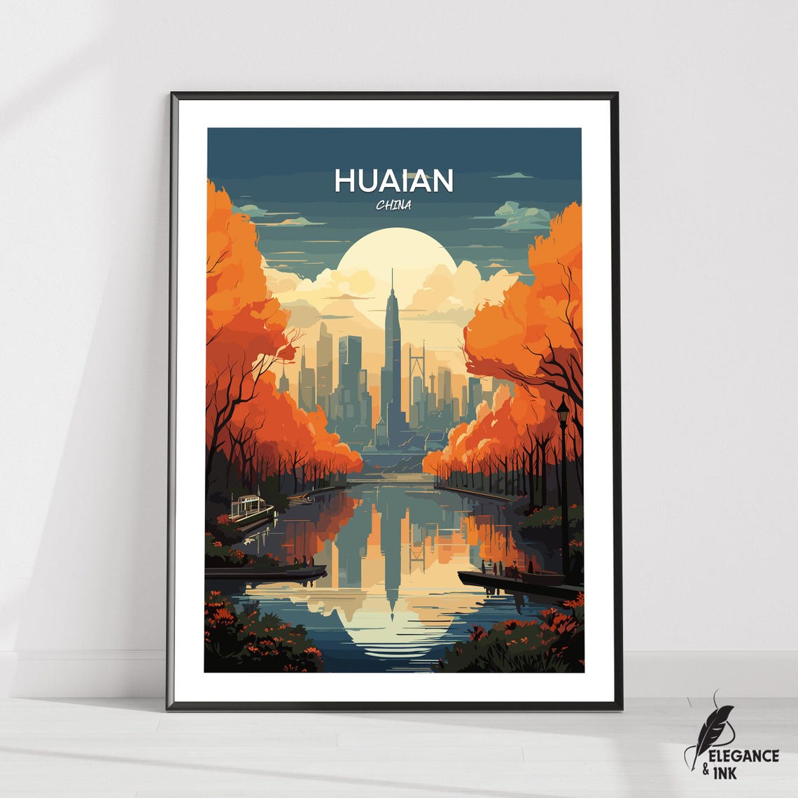 Huaian China Autumn Cityscape River Reflection Modern Travel Poster