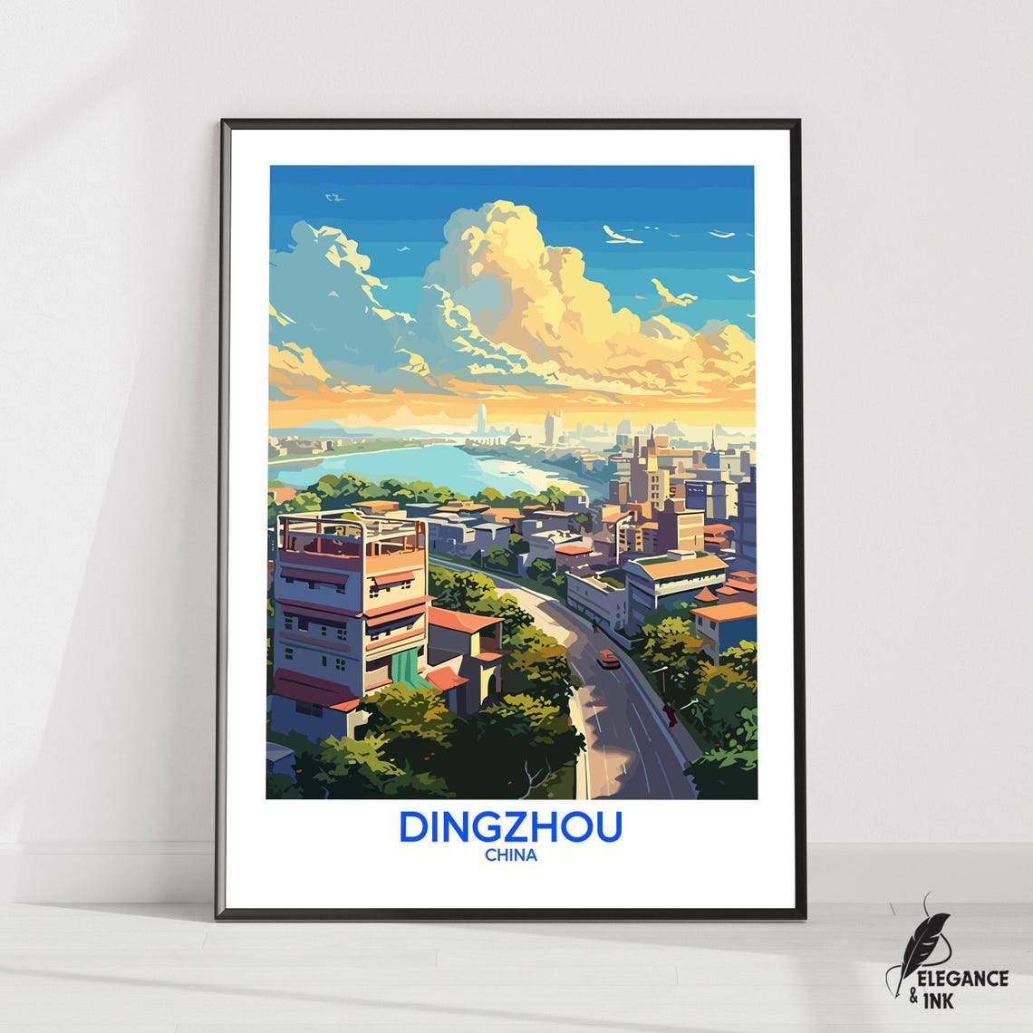 Dingzhou China Daytime Cityscape Poster With Blue Banner Lettering