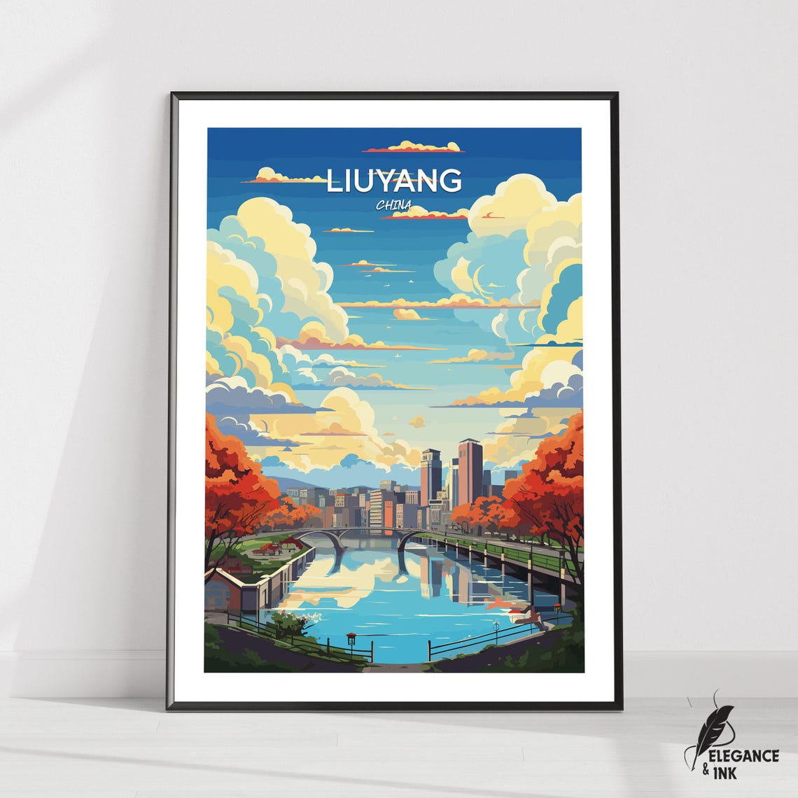 Liuyang China Autumn Skyline Sunset Clouds Vintage Style Travel Poster