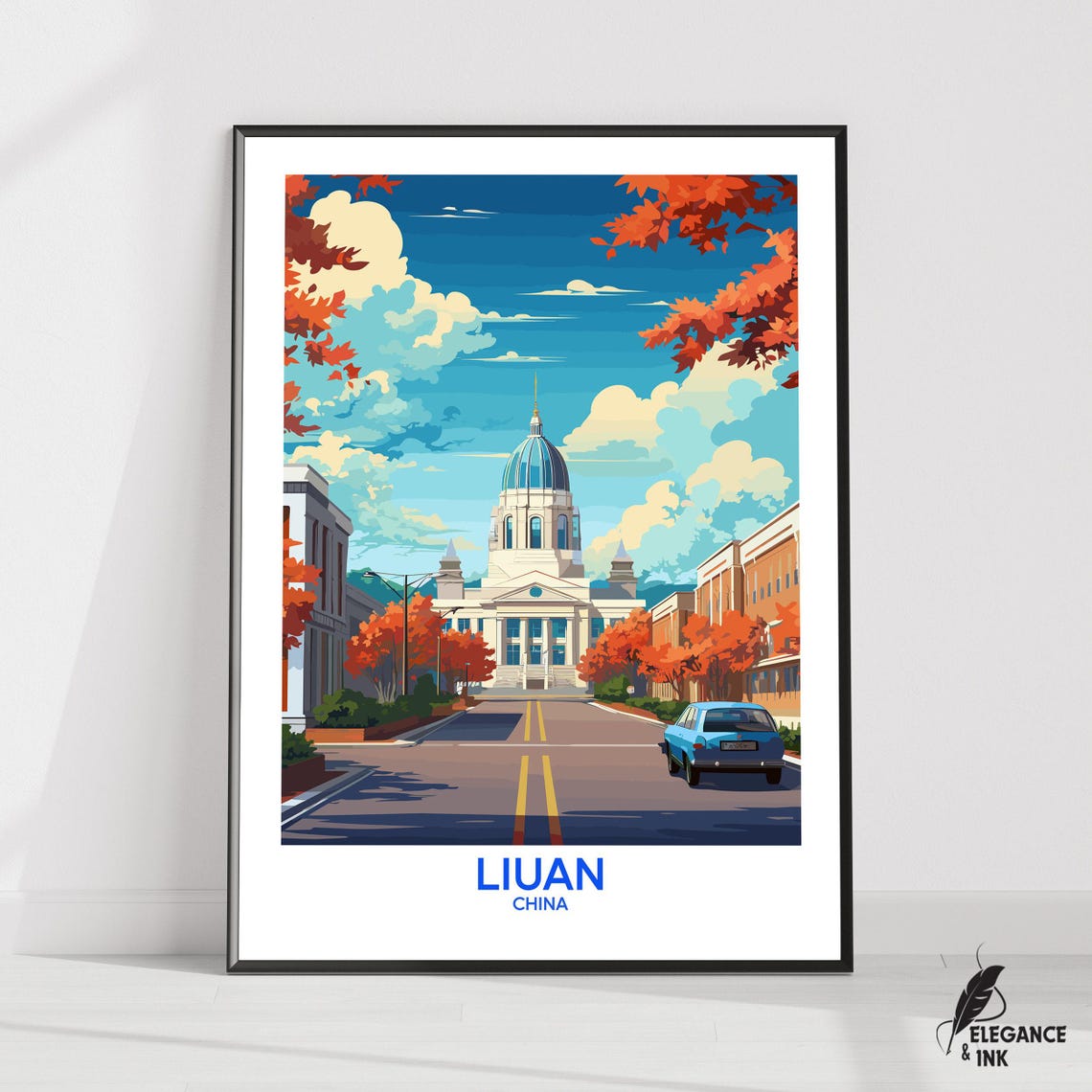 Liuan China Domed Landmark Autumn Street Retro Travel Poster
