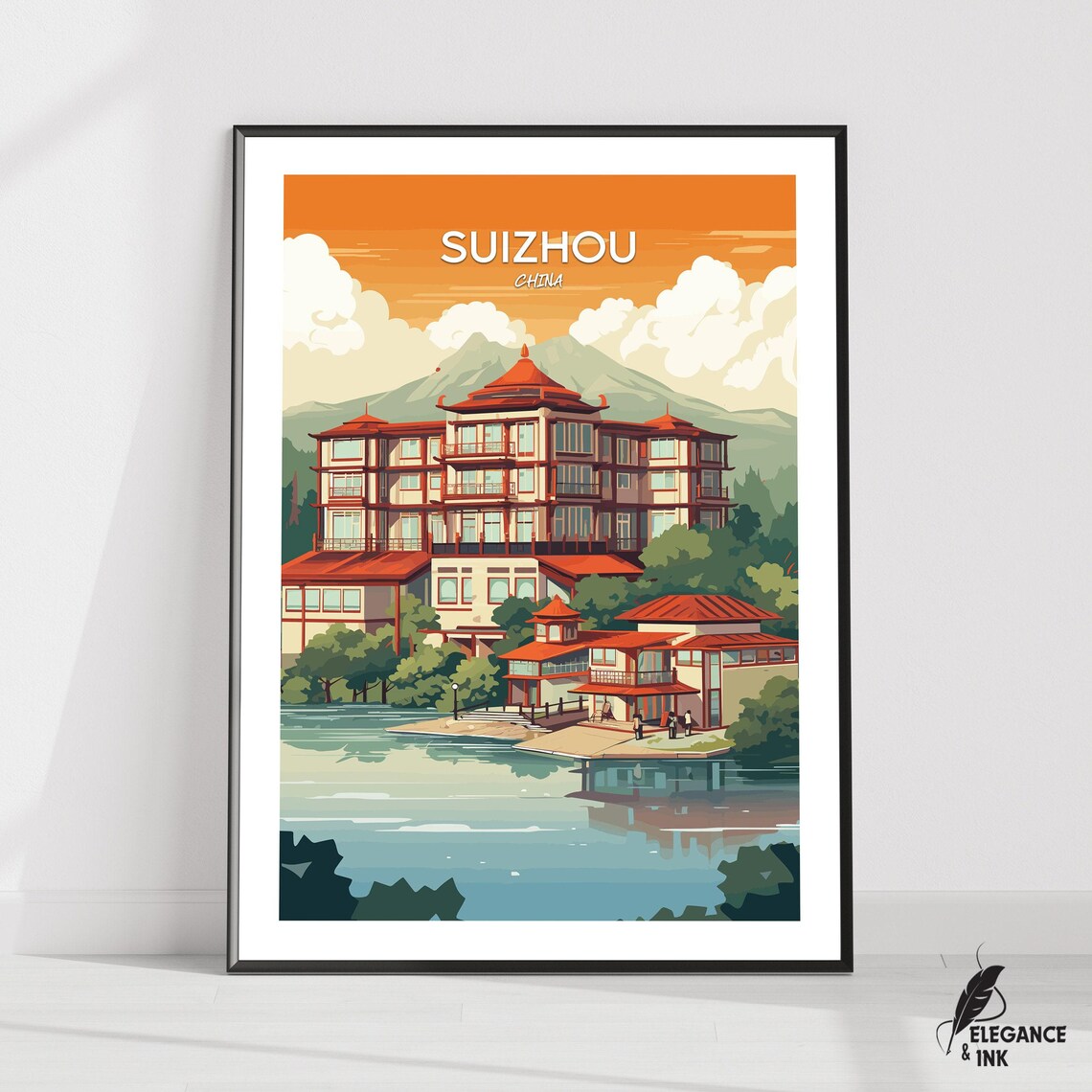 Suizhou China Lakeside Resort Vintage Travel Poster Sky Text