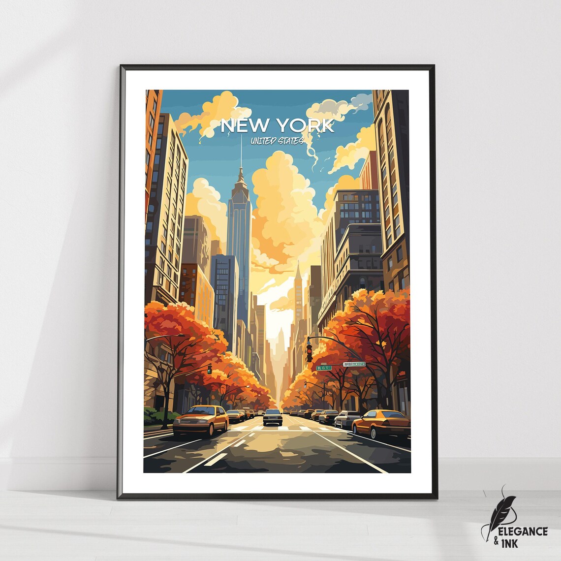 New York City Autumn Avenue Skyline White Title Travel Poster