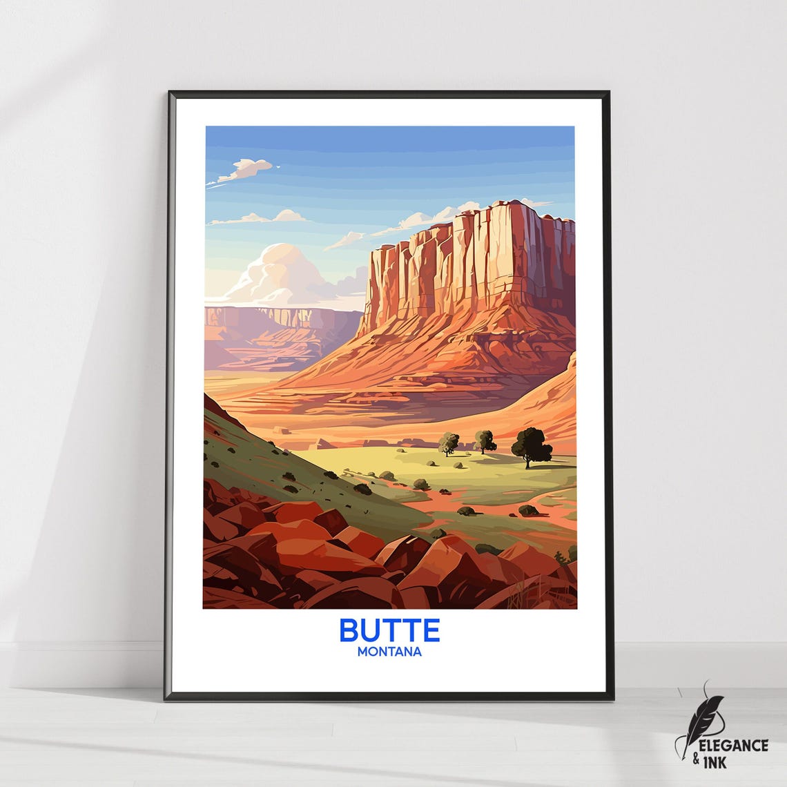 Butte Montana Red Rock Mesa Desert Landscape Illustration Art Poster