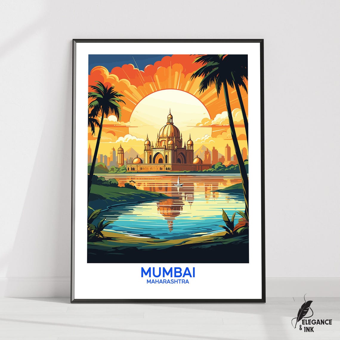 Mumbai India Domed Palace Sunset Reflection Illustration Poster