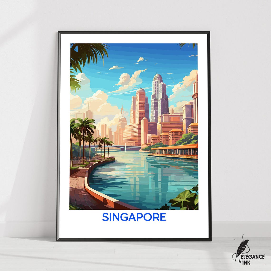 Singapore Riverside Skyline Palm Trees Vintage Illustration Poster