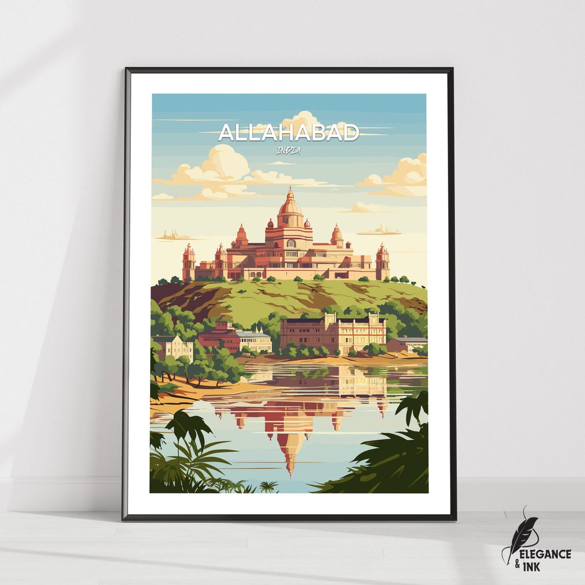 Allahabad India Riverside Palace Reflection Vintage Travel Poster