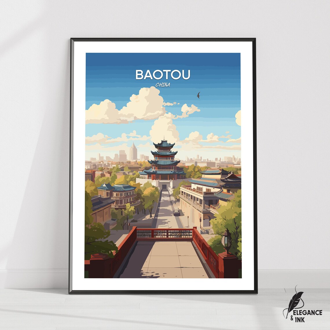 Baotou China Blue Roof Pagoda Old Town City Scenic Travel Poster
