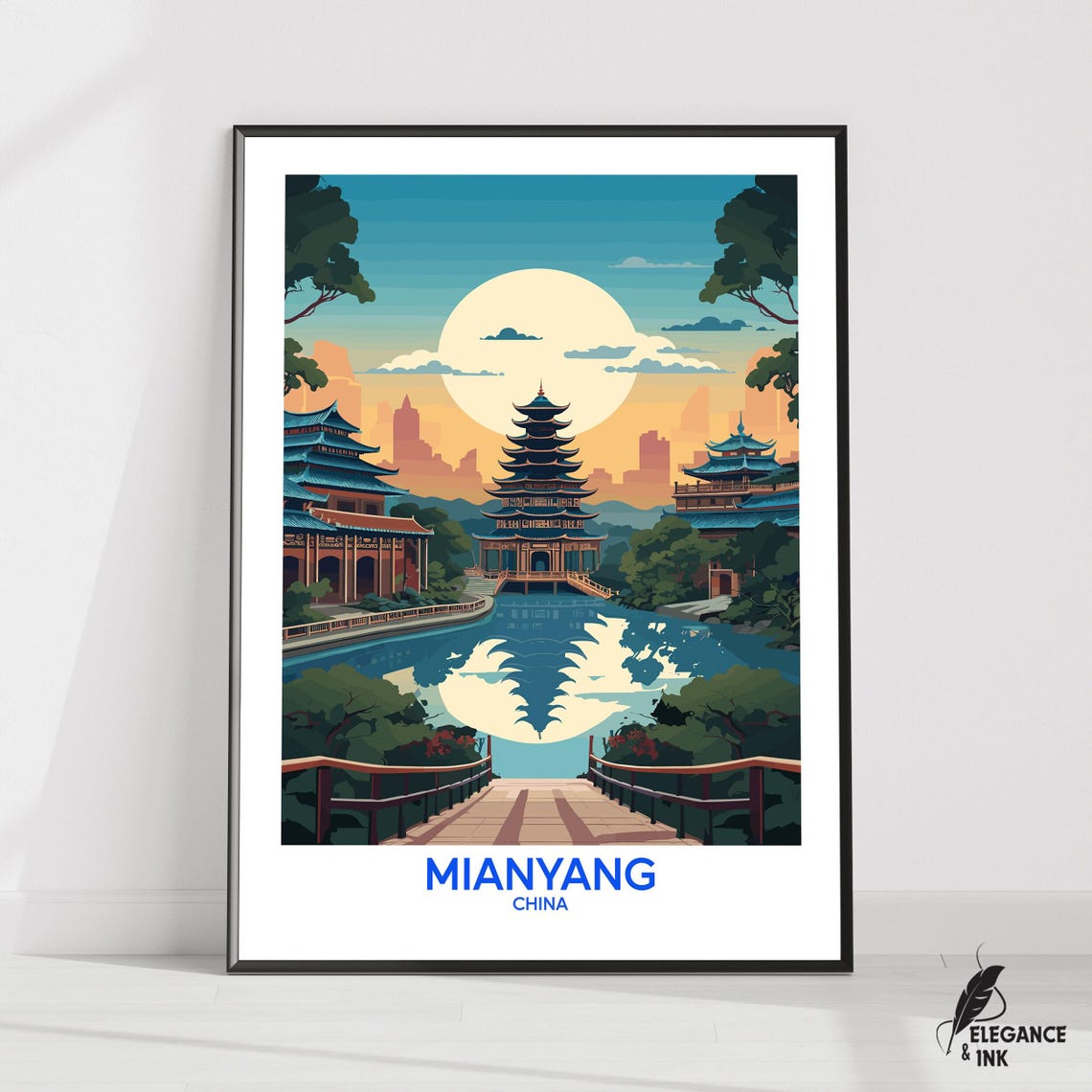Mianyang China Pagoda Lake Moonrise Travel Poster Blue Title Below