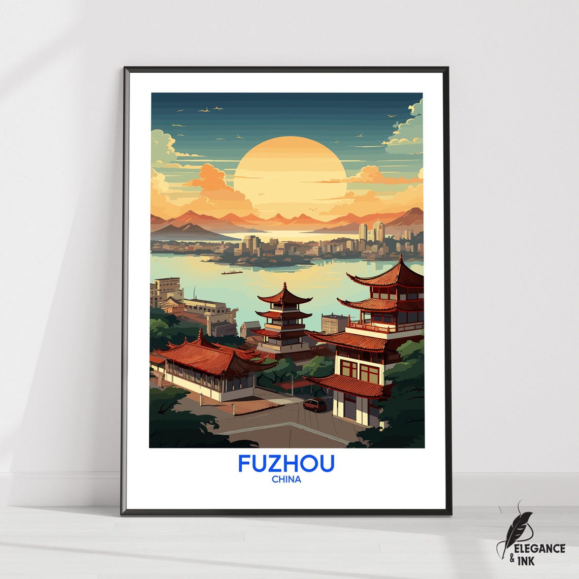 Fuzhou China Sunset Pagoda Waterfront Vintage Style Travel Poster