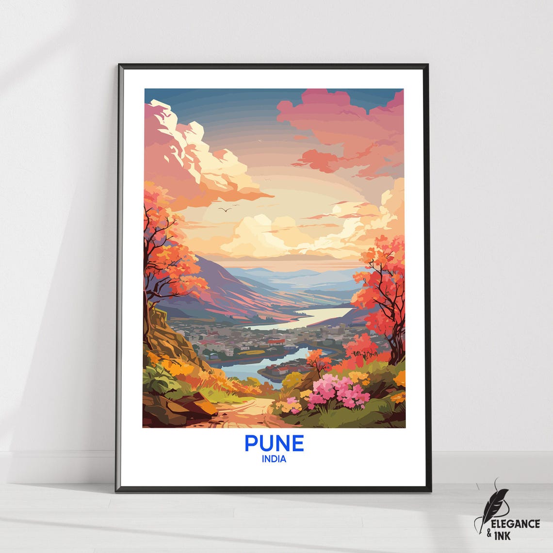Pune India Autumn Valley Sunset Retro Travel Poster Scenic View