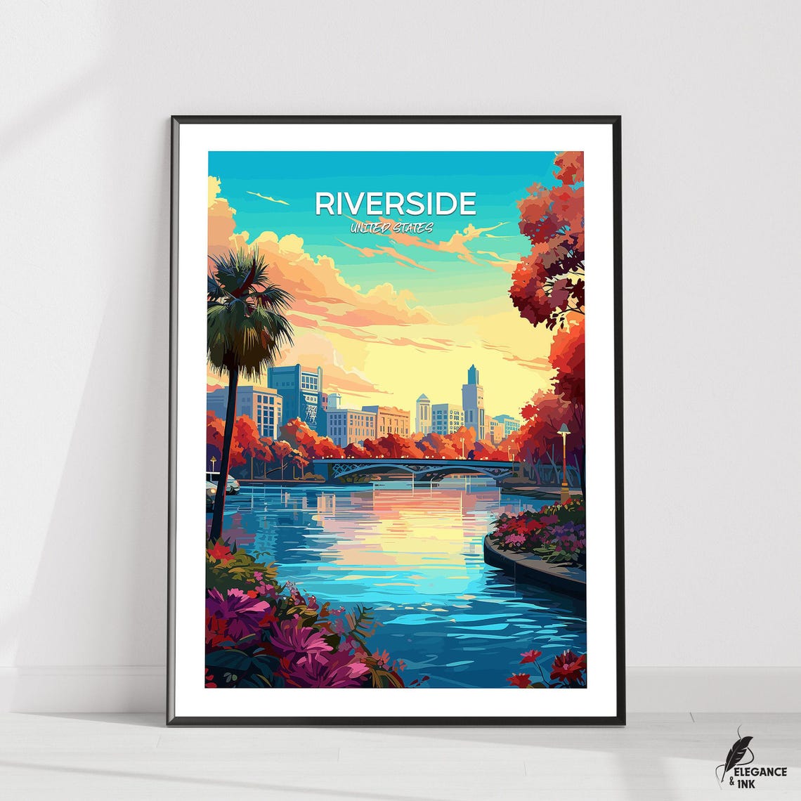 Riverside Golden Hour River Palm Trees Skyline Variant Poster