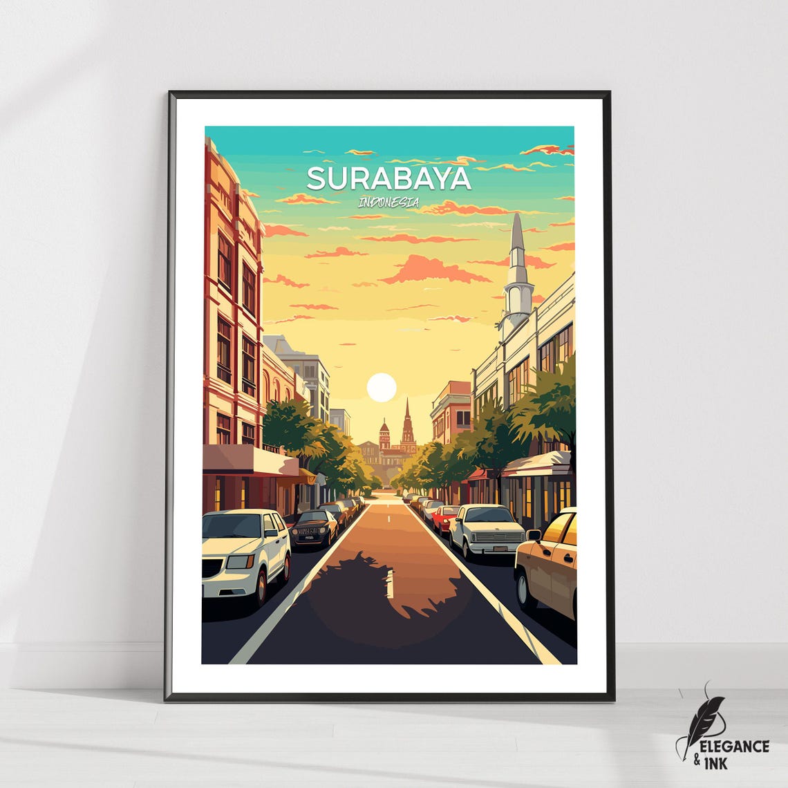 Surabaya Indonesia Sunset Street Scene Vintage Travel Poster