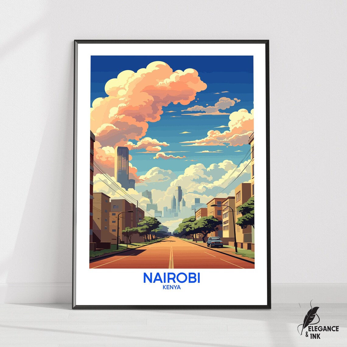 Nairobi Kenya Retro Downtown Skyline Avenue Vintage Travel Poster