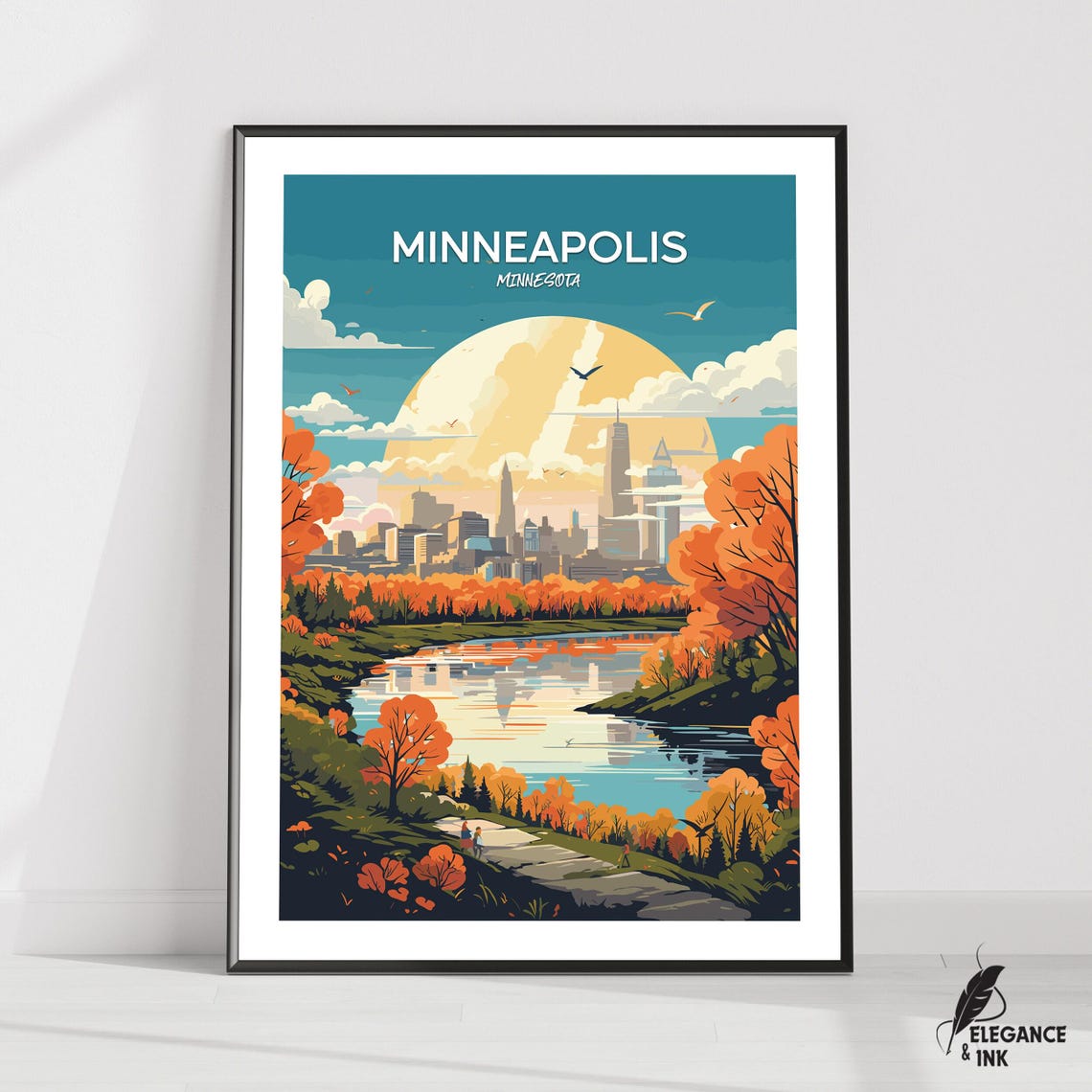 Minneapolis Minnesota Autumn Moon Retro Illustrated Travel Poster