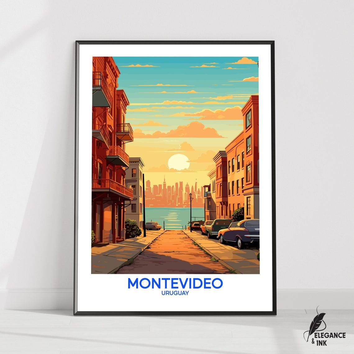 Montevideo Uruguay Sunset Waterfront Street View Vintage Travel Poster