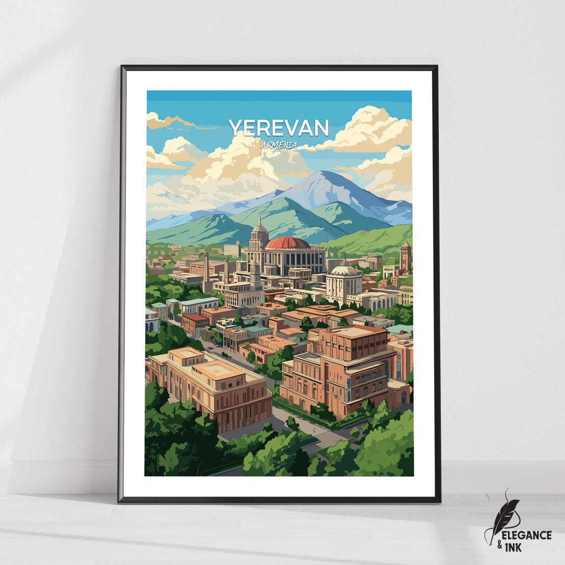 Yerevan Armenia Cathedral Mountain View Vintage Travel Poster