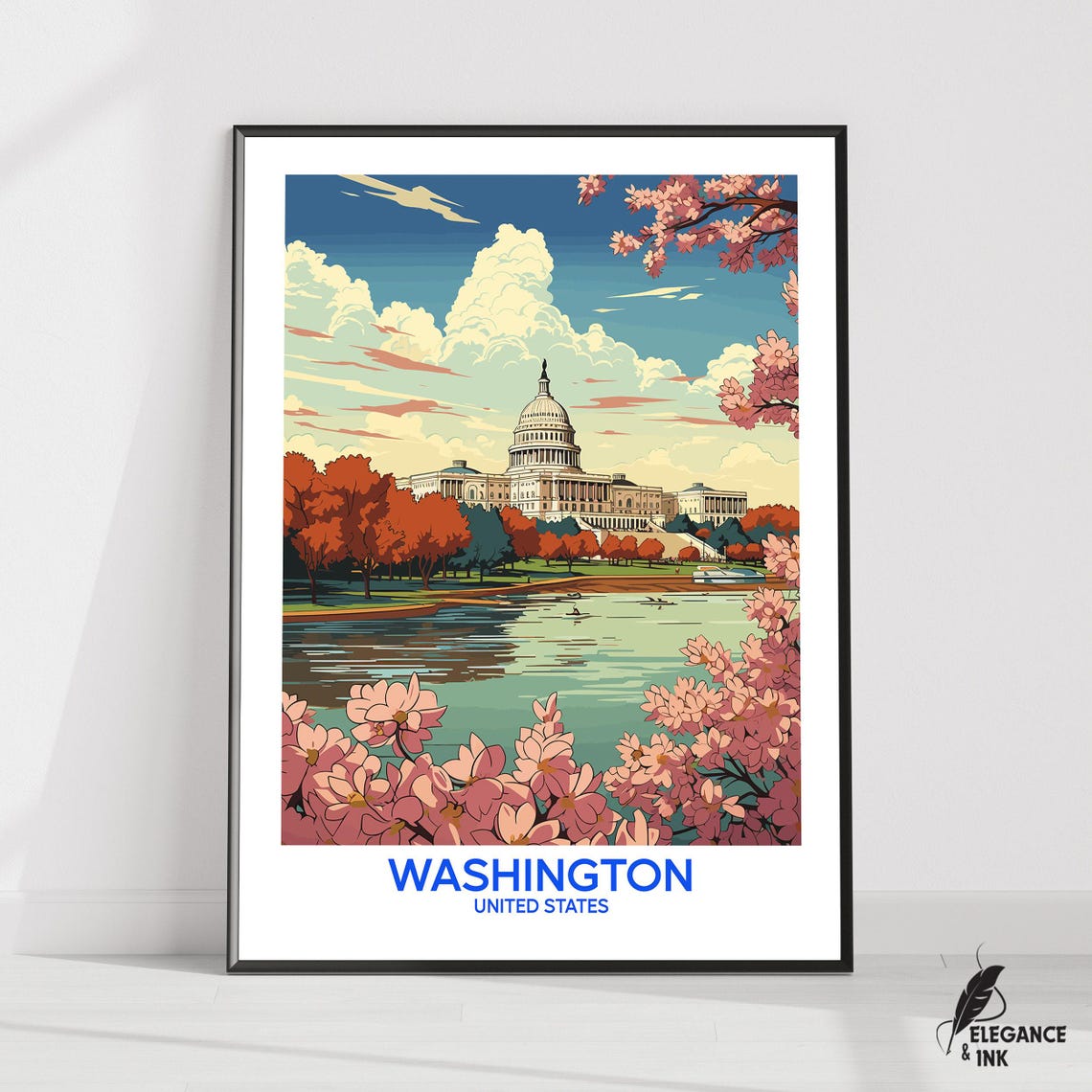 Washington DC Capitol Cherry Blossom Illustrated Travel Poster