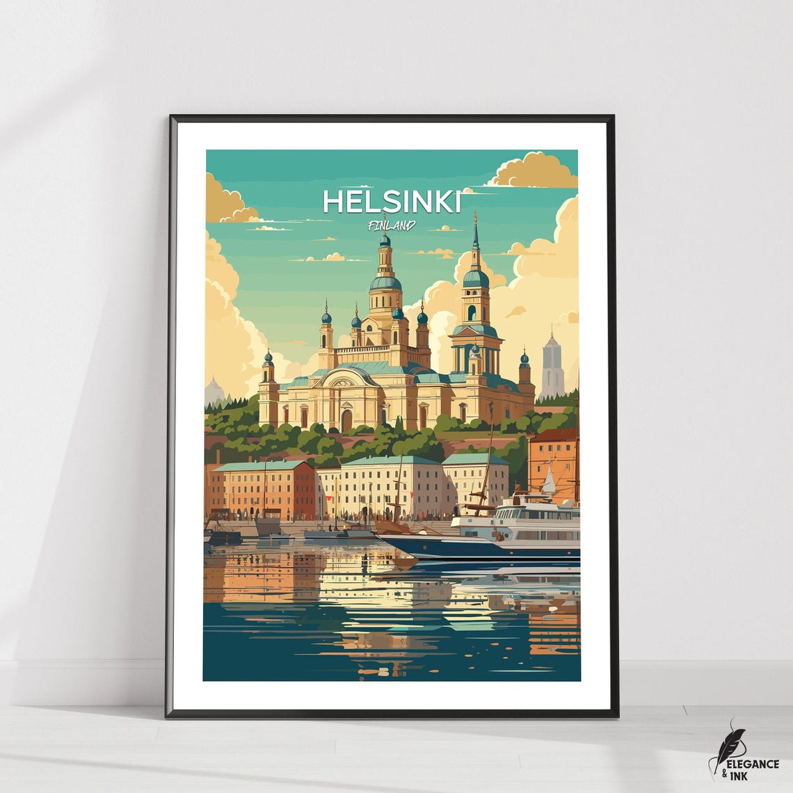 Helsinki Finland Cathedral Harbor Teal Sky Illustration Travel Poster