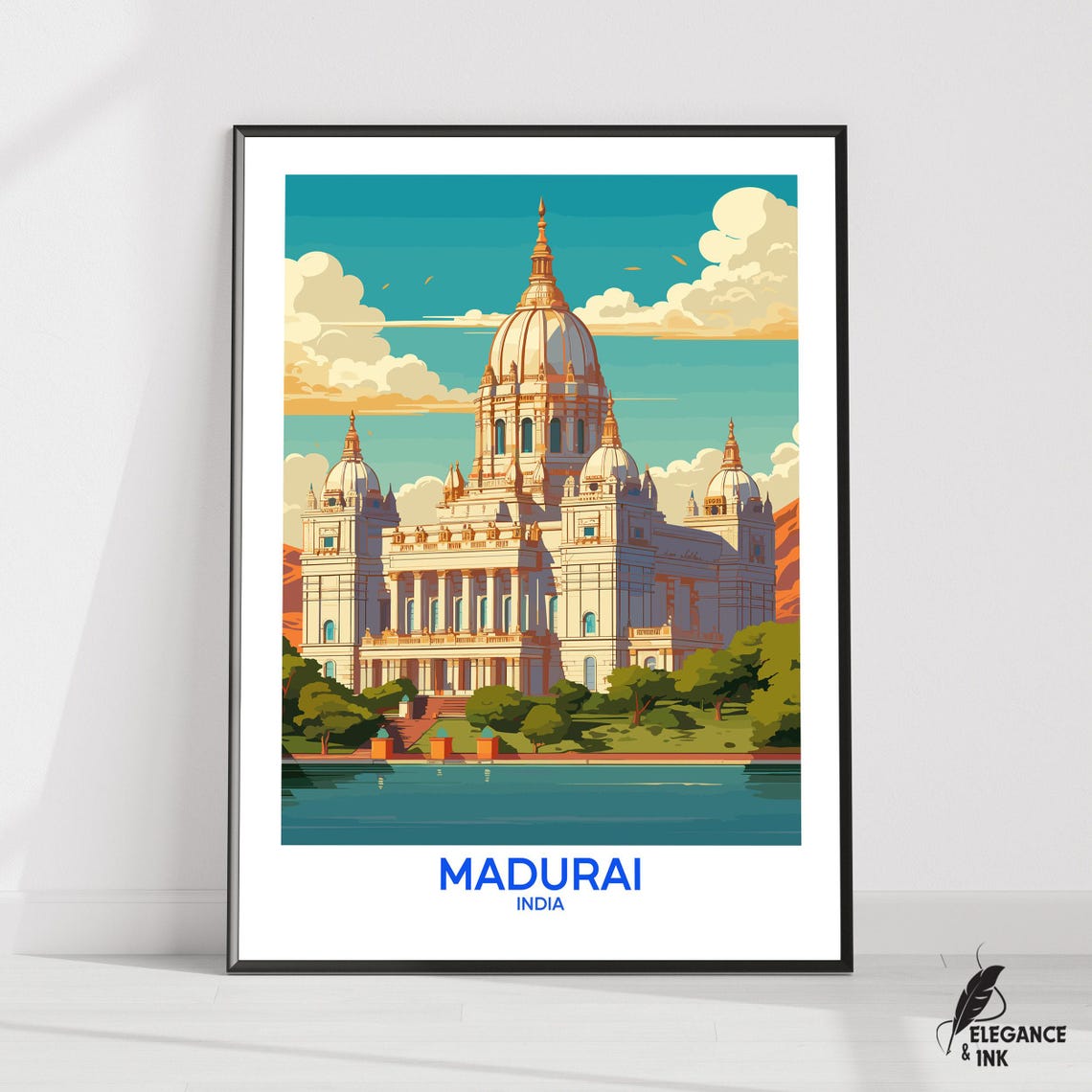 Madurai India Grand Domed Palace by the Lake Vintage Travel Poster