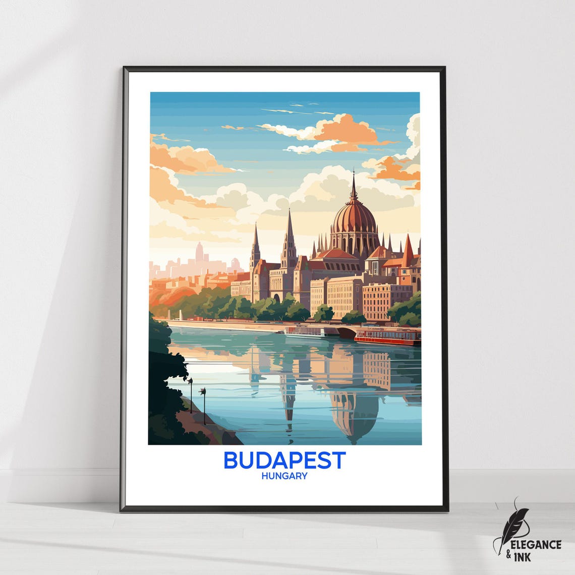 Budapest Hungary Parliament Danube Blue Title Travel City Poster