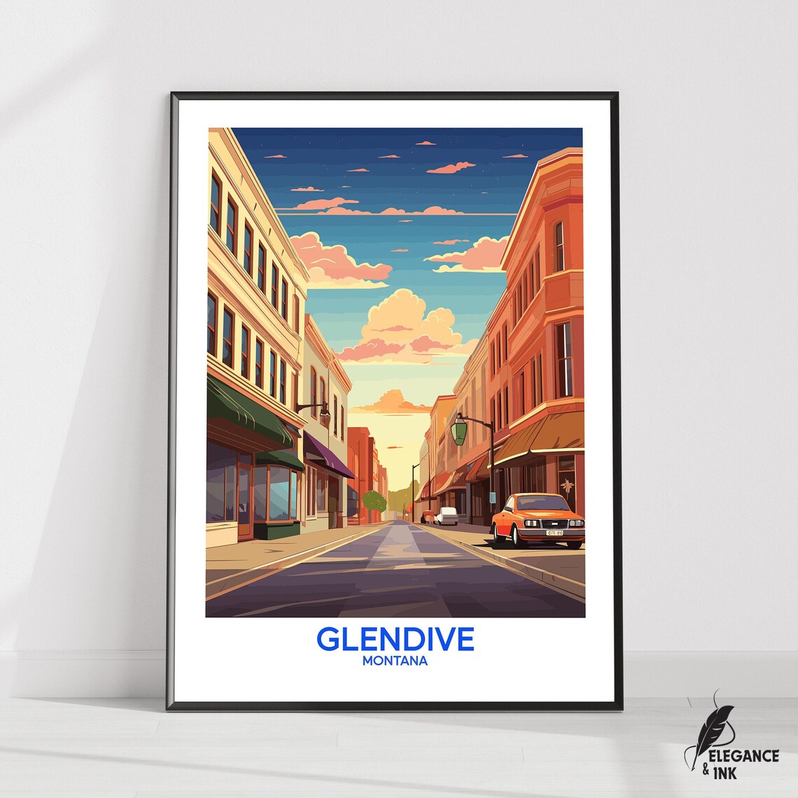 Glendive Montana Vintage Main Street Illustration Travel Poster
