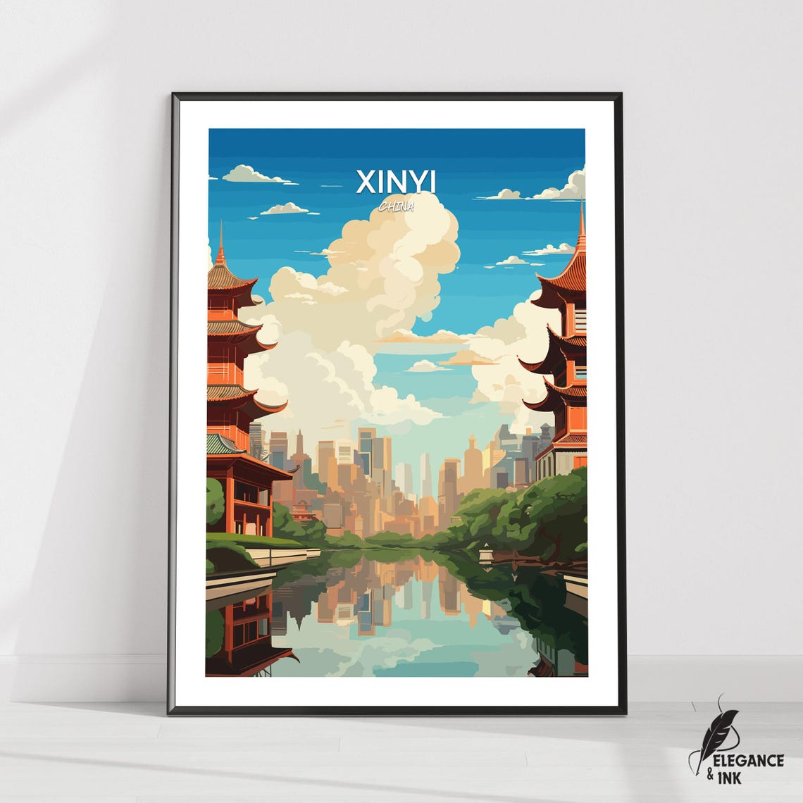 Xinyi China Pagoda Waterfront Vintage Travel Illustration Poster