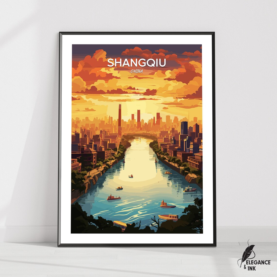Shangqiu China Golden Sunset River Skyline Travel Poster Art