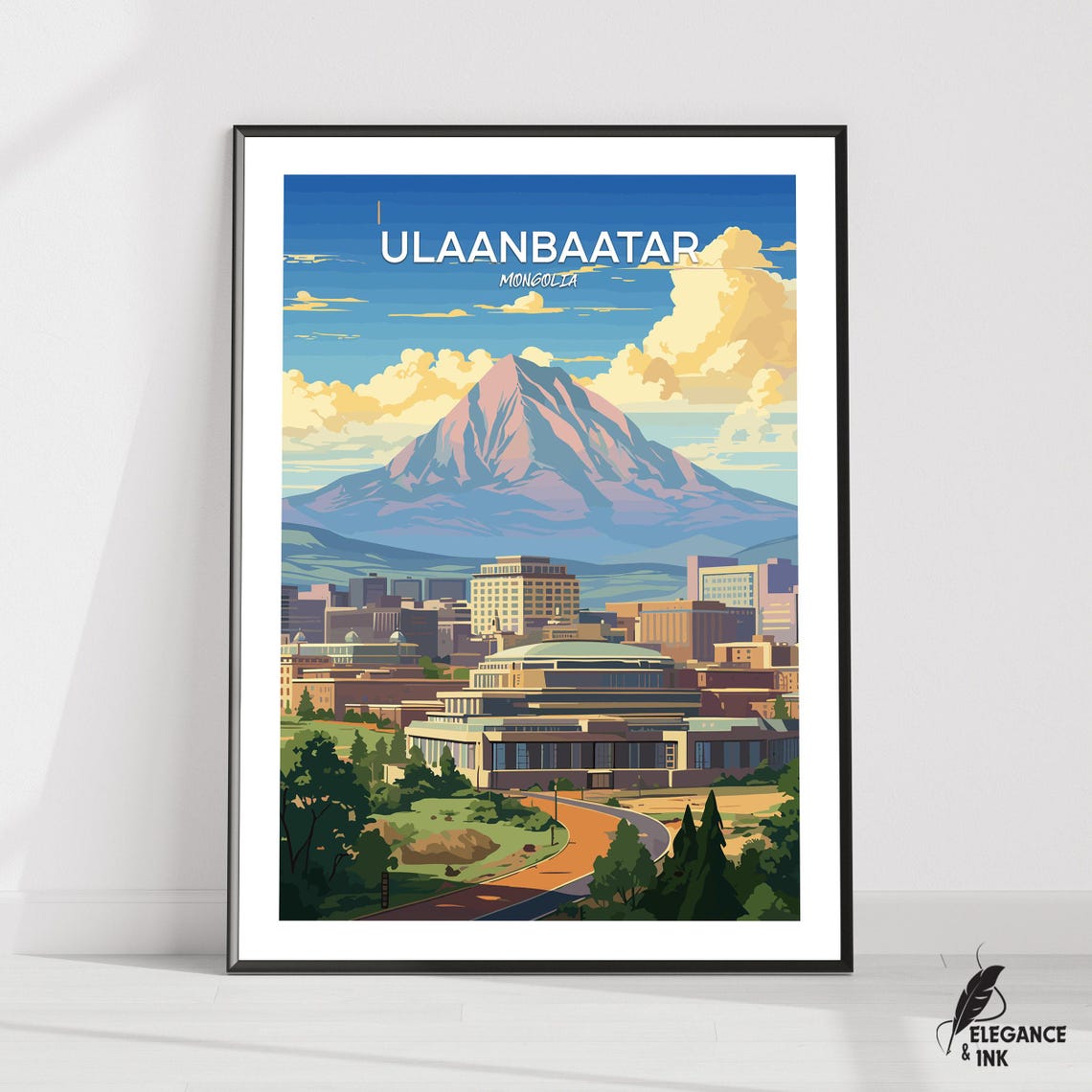 Ulaanbaatar Mongolia City Skyline and Mountain Travel Art Poster
